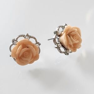 Elegant Peach Rose Earrings with Pearl Details